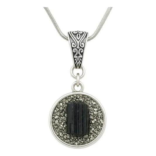 Collar Protección De Turmalina Con Pirita Y Cadena De Acero Turmalina Con Pirita