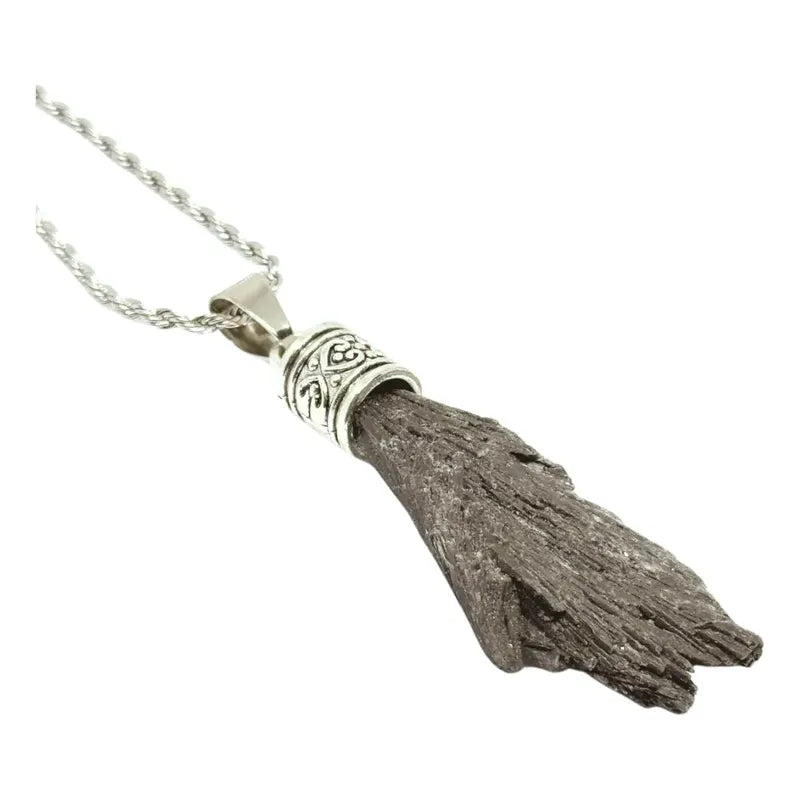 Collar Cianita Negra Grande Escoba De Bruja Cadena De Acero