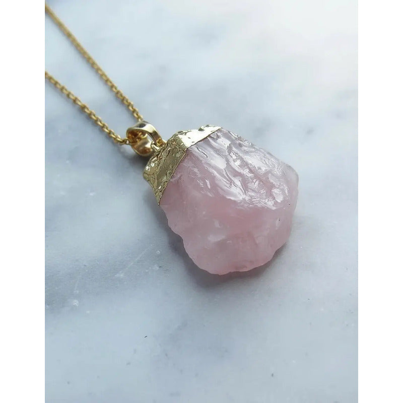 Collar Cuarzo Rosa Piedra Natural Bruto Dorado Con Cadena Cuarzo Rosa