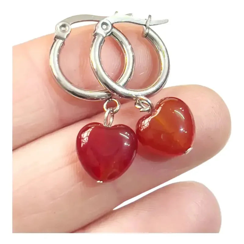 Aritos Mujer Corazón Piedra Natural Cornalina - Poder Poder - Cornalina