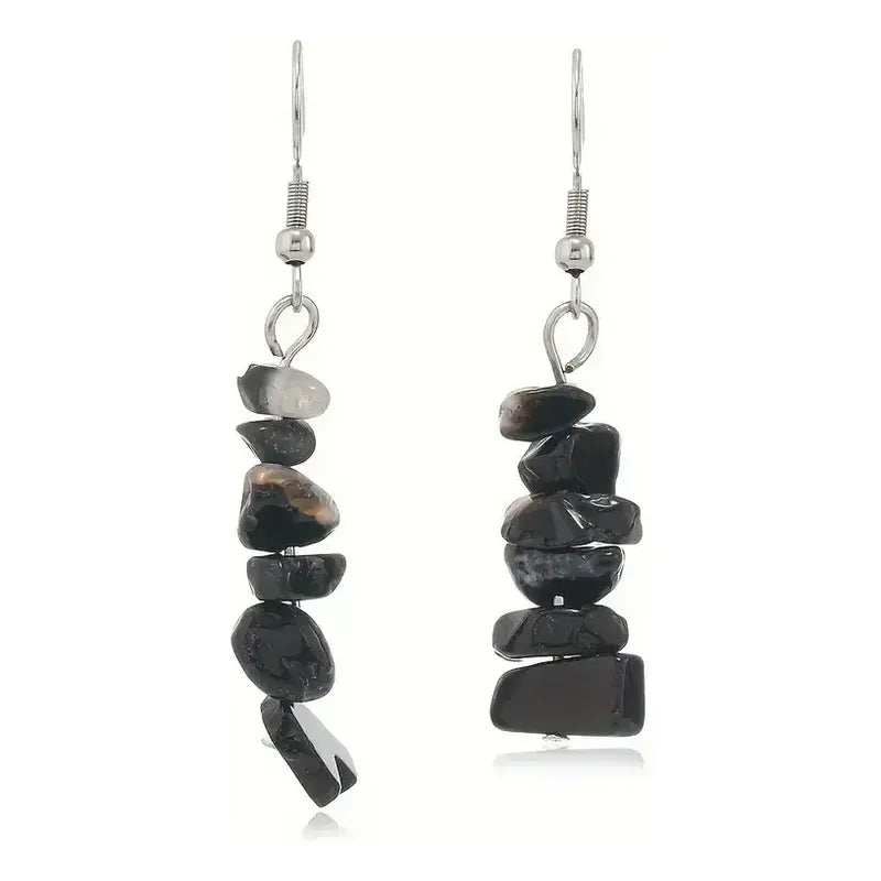 Par De Aros Colgantes De Piedra En Escalla Natural Y Acero Obsidiana