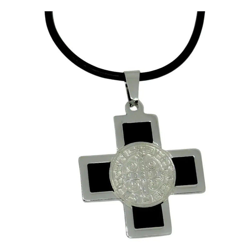 Collar Y Dije Medalla San Benito Esmaltada Negra Protección Medalla San Benito Esmaltada
