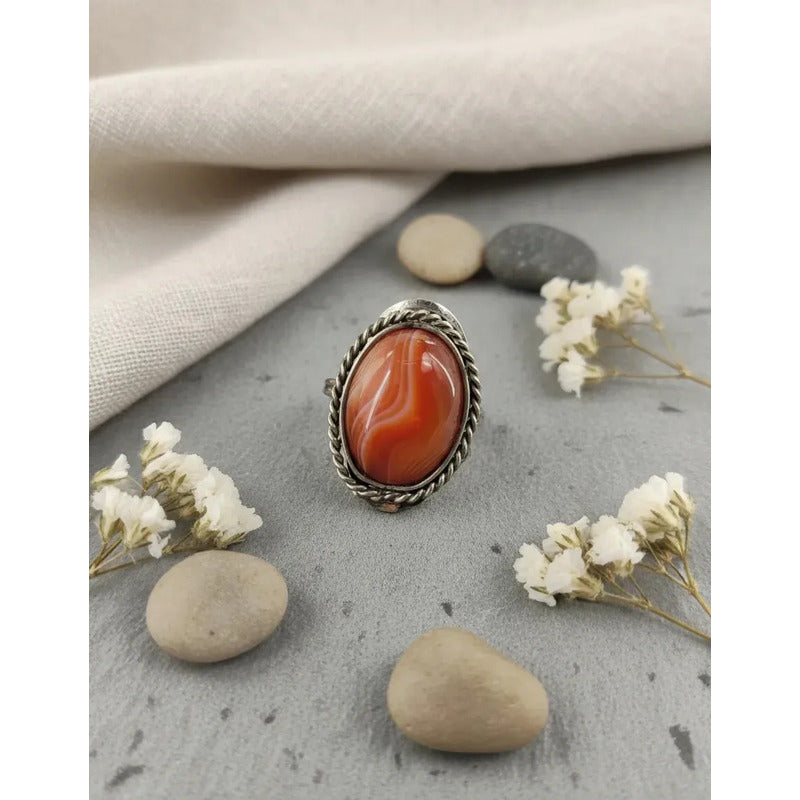 Anillo Mujer Alpaca Regulable Piedra Cornalina - Fortaleza Talle Unico Regulable Único Ajustable