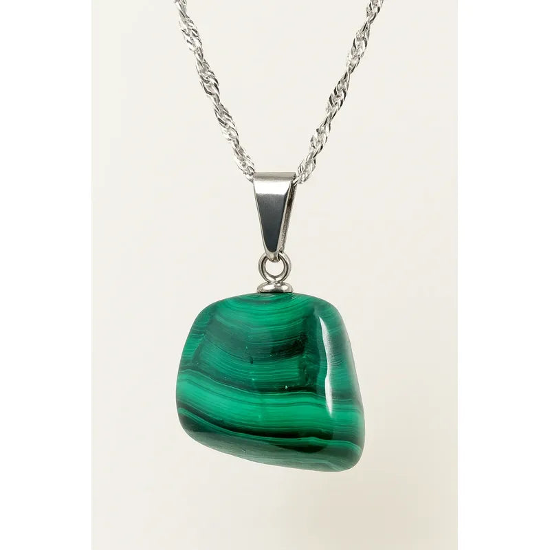 Collar Tranquilidad  Piedra De Malaquita Y Cadena De Acero Malaquita