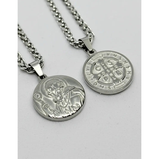 Collar Protector Medalla De San Benito +  Cadena De Acero Medalla 18 Mm
