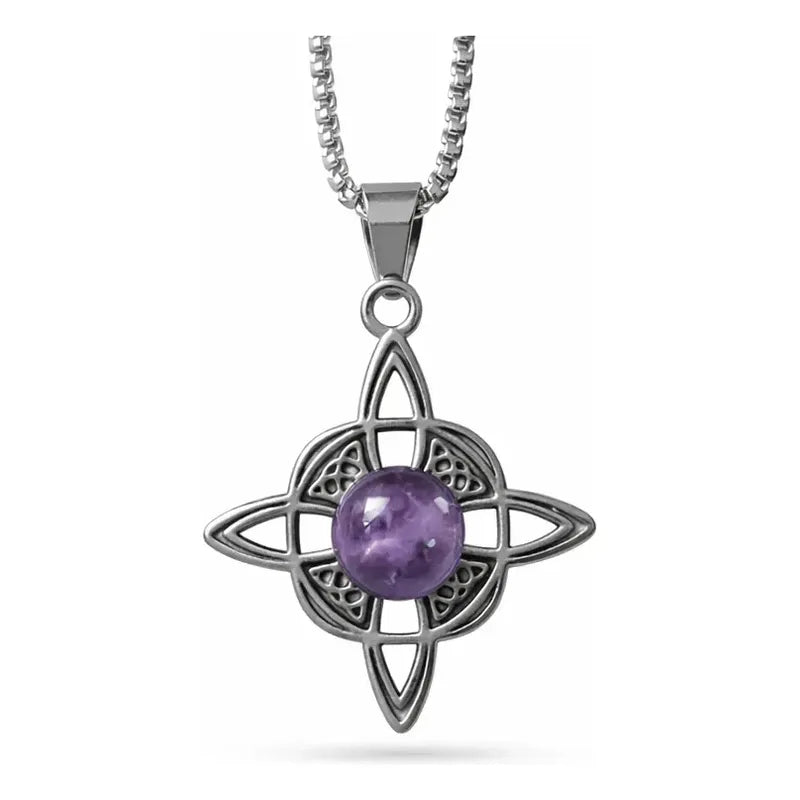 Collar Nudo De Bruja Con Triskel Y Piedra Amatista Acero Nudo De Bruja Y Amatista