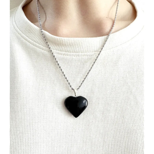 Collar Amor Corazón De Cristales Piedras Auténticas + Cadena Color Obsidiana