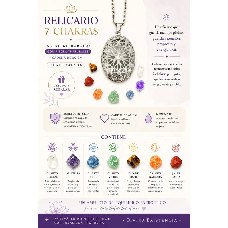 Collar Relicario Piedras Naturales 7 Ckakras Todo De Acero Ovalado