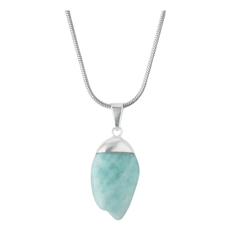 Collar Piedra Auténtica De Aguamarina Con Cadena De Acero