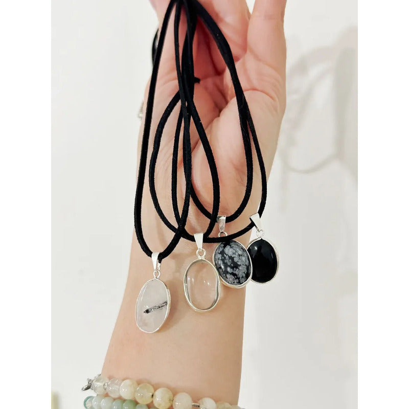 Collar Choker Gargantilla Piedras Naturales Soga Gamuza Cuarzo Cristal