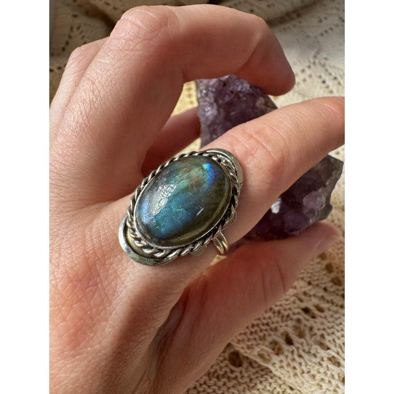 Anillo Alpaca Regulable Con Piedra Labradorita Y Pirita Labradorita Unico Regulable