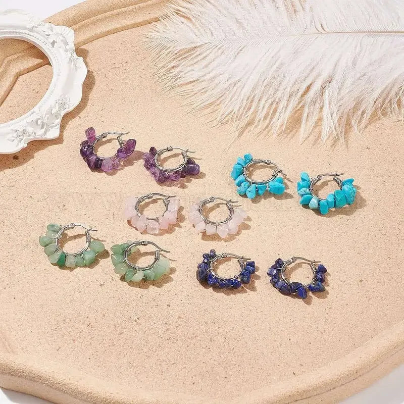 Par De Aros Argollitas Boho De Piedras Naturales A Elección