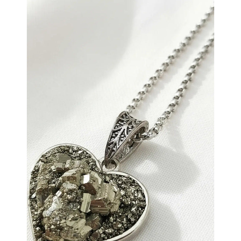 Collar Abundancia Corazón Con Piedra Pirita Con Cadena Corazón Pirita