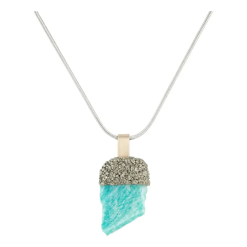 Collar En Bruto De Pirita Y Amazonita Con Cadena De Acero Amazonita Y Pirita