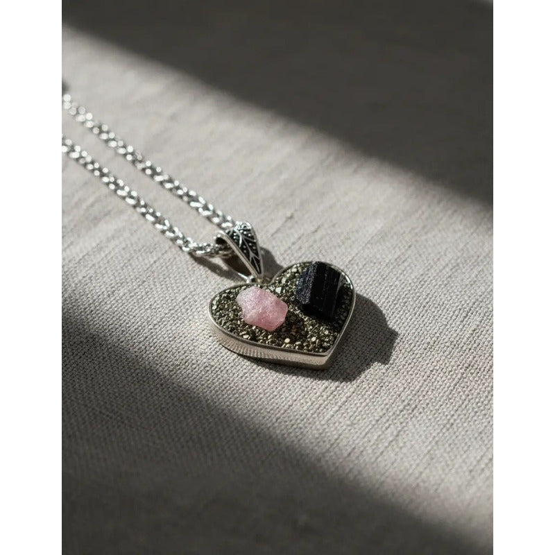 Collar Corazón Piedra Turmalina Rosa Negra Y Pirita + Cadena Corazón Pirita Y Turmalina Rosa Y Negra