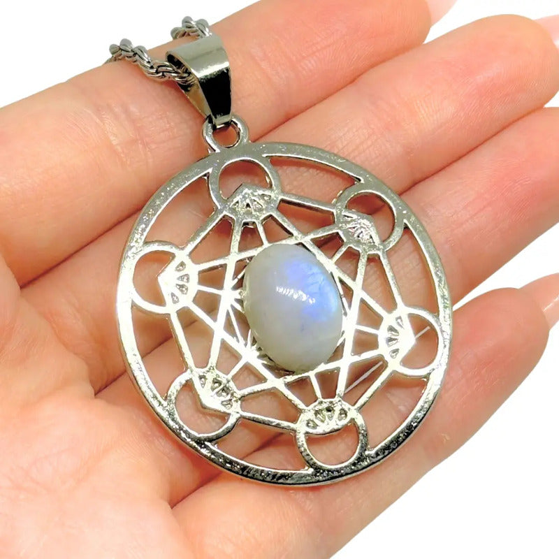 Collar Cubo Metatron Grande Con Piedra De La Luna + Cadena Metatron Adularia