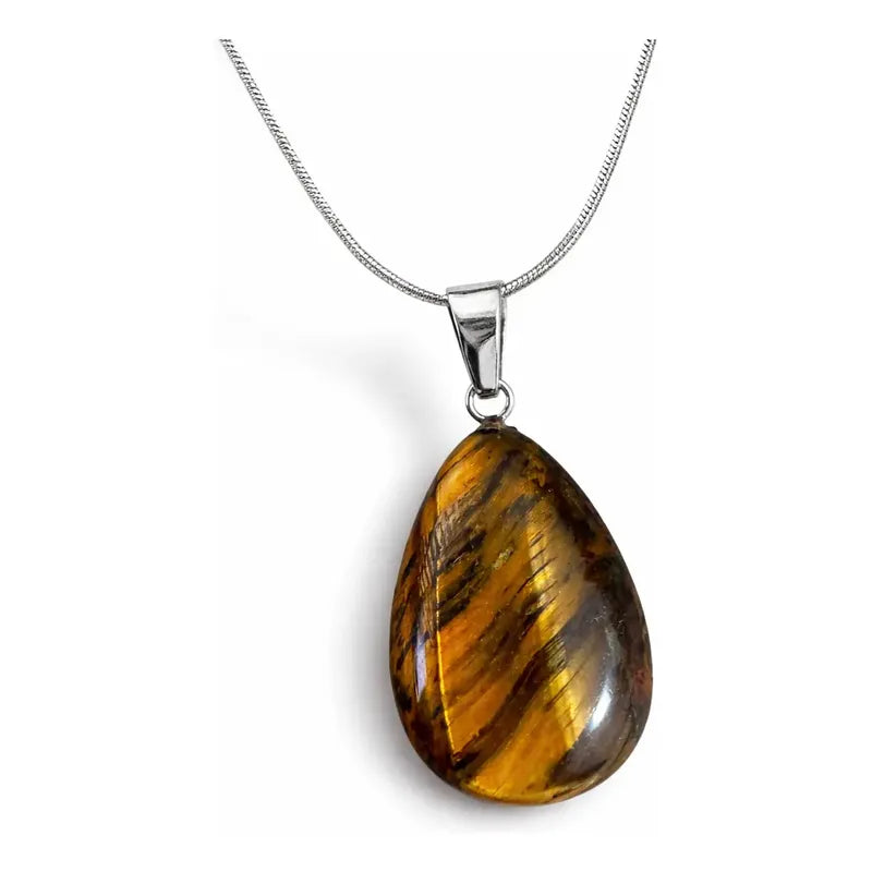 Collar Gota Ojo De Tigre, Piedra Natural Y Acero 50cm Gota Ojo De Tigre