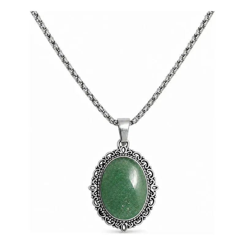 Collar Sanación Cuarzo Verde Con Cadena De Acero 50 Cm Camafeo Cuarzo Verde