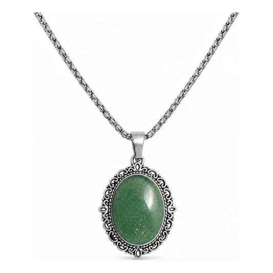 Collar Sanación Cuarzo Verde Con Cadena De Acero 50 Cm Camafeo Cuarzo Verde