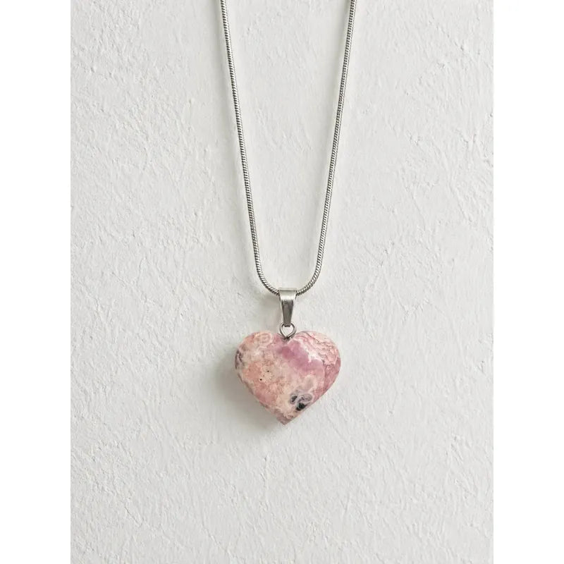Collar Corazón De Rodocrosita Con Cadena De Acero Corazon Mini