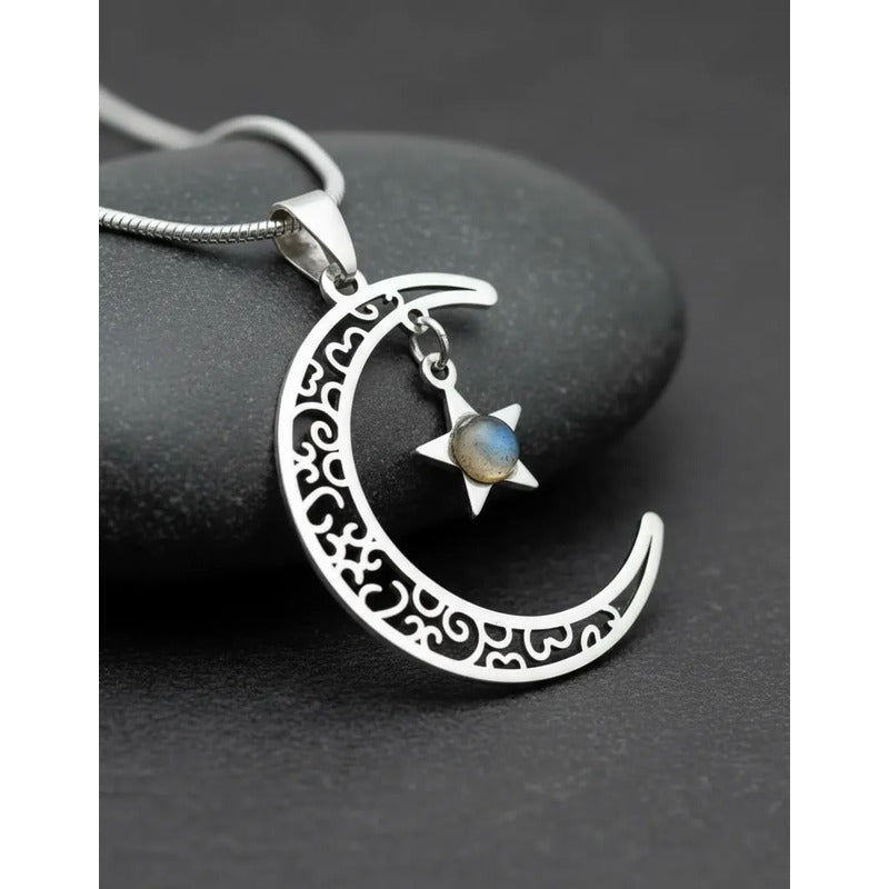 Collar Luna Y Estrella Con Piedra Labradorita Y Cadena Luna Estrella Labradorita