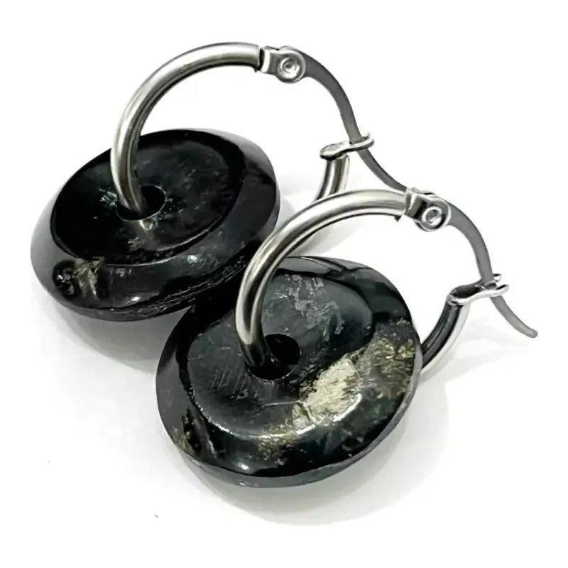 Aros Piedra Dona Pi De Ónix Negro Argollas 20 Mm. Negro Veteado No Es Liso
