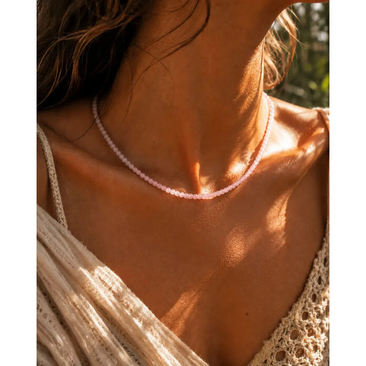 Collar Choker Mini Cuentas Piedras Naturales Delicado 40 Cm Cuarzo Rosa