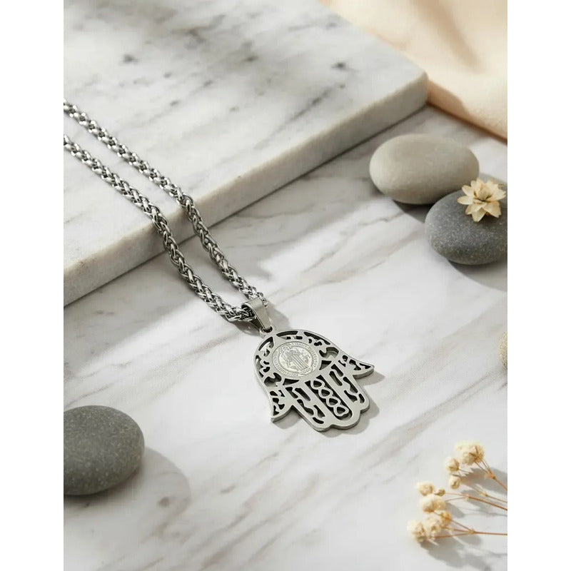Collar Protector Medalla De San Benito + Cadena De Acero Hamsa