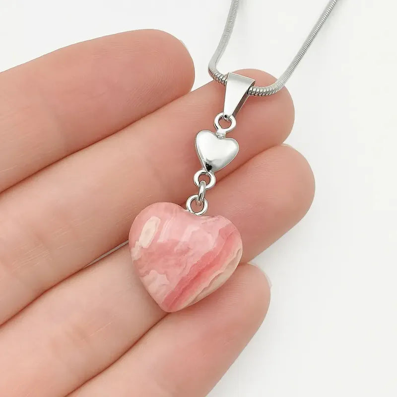Collar Rodocrosita Y Pirita Con Forma De Corazón + Cadena Corazón Doble Rodocrosita