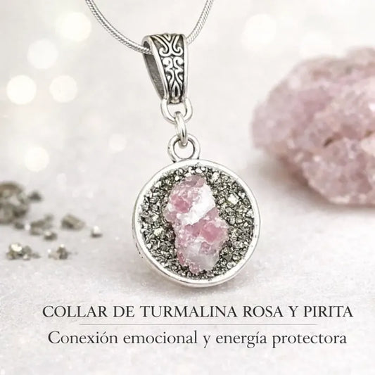Collar Dije Turmalina Rosa + Pirita Y Cadena De Acero Pirita Y Turmalina Rosa