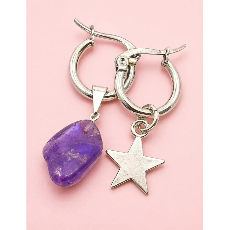 Aros Mujer Colgantes De Cristal Amatista Y Estrella De Acero Amatista Y Estrella