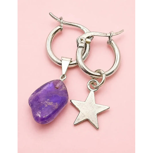 Aros Mujer Colgantes De Cristal Amatista Y Estrella De Acero Amatista Y Estrella