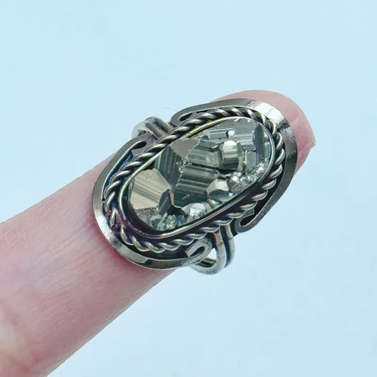 Anillo Mujer Alpaca Regulable Con Piedra Pirita Abundancia Pirita Grande Unico