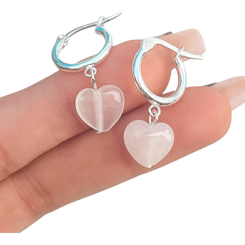 Aritos Mujer Corazón Cuarzo Rosa Piedra Natural Aro Amor - Cuarzo Rosa