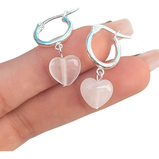 Aritos Mujer Corazón Cuarzo Rosa Piedra Natural Aro Amor - Cuarzo Rosa
