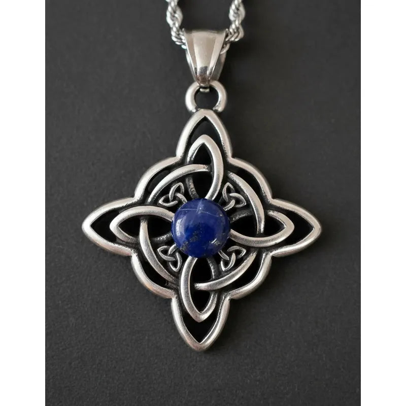 Collar Nudo De Bruja Piedra Lapislázuli + Cadena De Acero Nudo De Bruja Y Lapislázuli