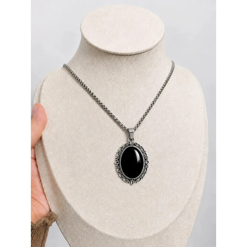 Collar Protector Camafeo De Obsidiana + Cadena Acero Camafeo Obsidiana