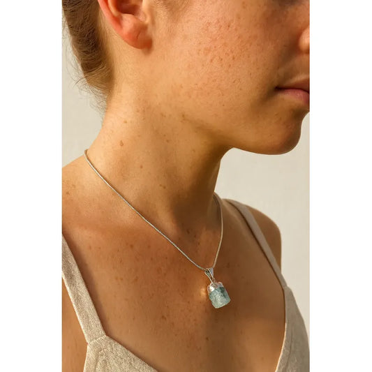 Collar Piedra Auténtica Aguamarina Con Cadena De Acero Agua Marina