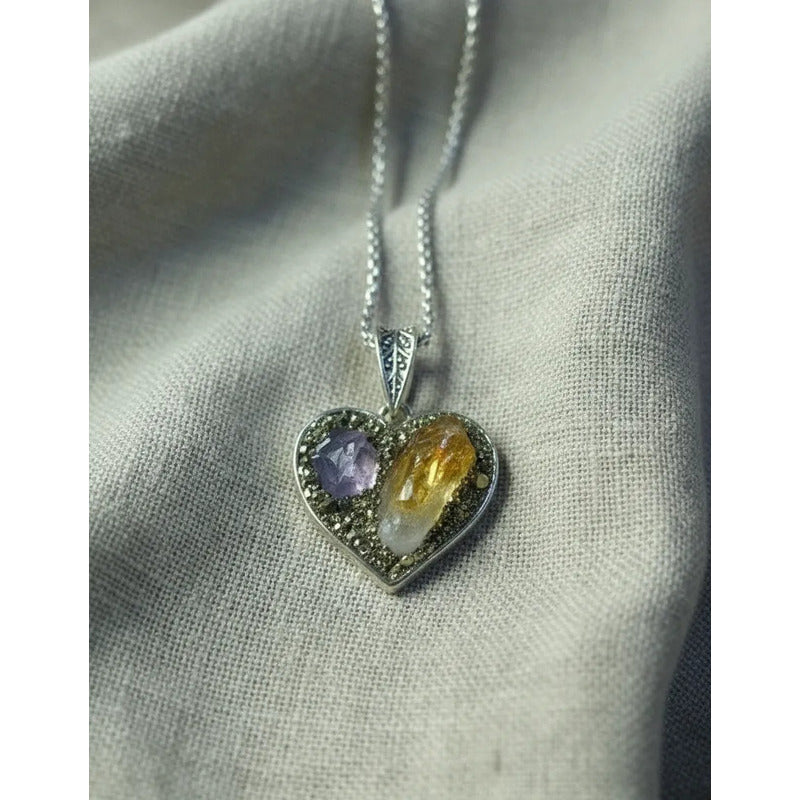 Collar Armonía Y Abundancia Corazón Amatista Pirita + Cadena Amatista Y Citrino Con Pirita Amatista Citrino Con Pirita