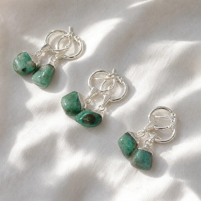 Aros Raíz De Esmeralda En Acero Baño De Plata Esmeralda