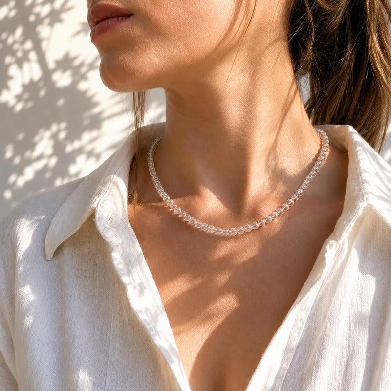 Collar Choker Mini Cuentas Piedras Naturales Delicado 40 Cm Cuarzo Cristal 4 Mm Dorado