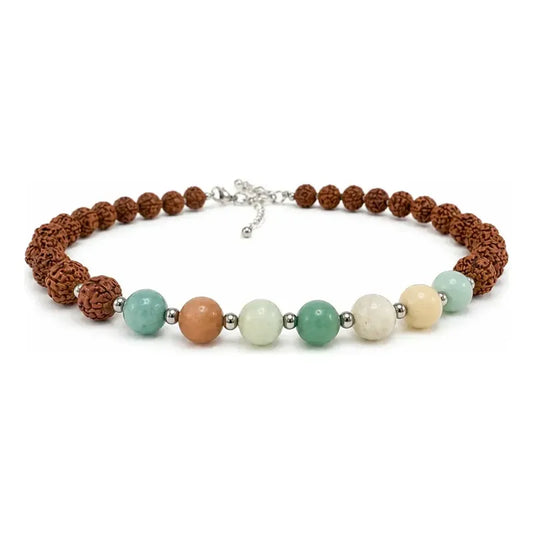 Collar Choker Mini Cuentas Piedras Naturales Delicado 40 Cm Rudraksha Y Amazonita 8 Mm Rudraksha Amazonita 8 Mm.