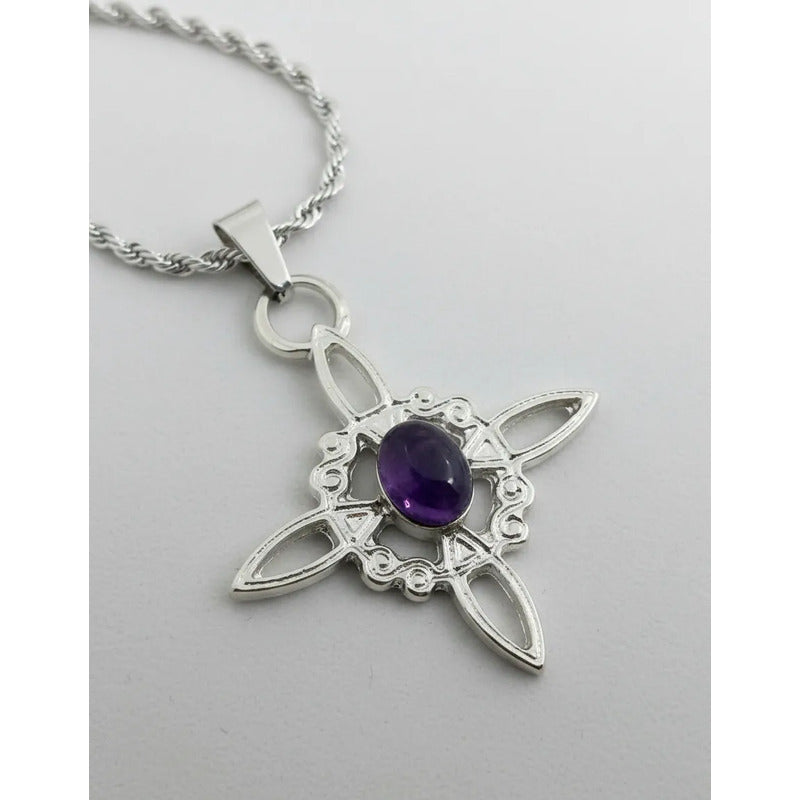 Collar Protección Nudo De Bruja + Amatista + Cadena De Acero Nudo De Bruja Y Amatista