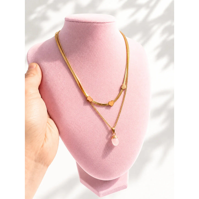 Collar Doble Cadena Oro 18k Y Cuarzo Rosa Divina Existencia Cuarzo Rosa