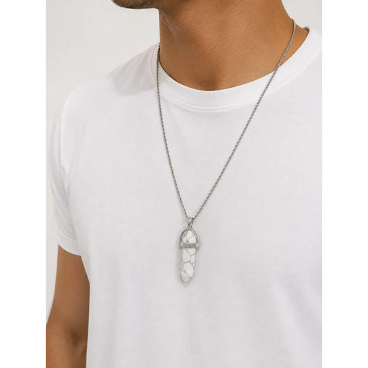 Collar Hombre Mujer Péndulo Biterminado Piedra Natural 60 Cm Howlita - Calma