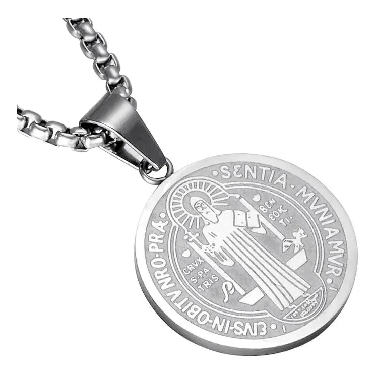 Collar Completo Medalla San Benito Unisex Acero Protección Acero Quirúrgico