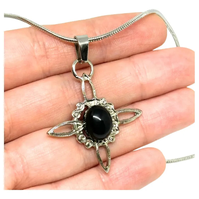 Collar Nudo De Bruja  Con Piedra Obsidiana Y Cadena De Acero Nudo De Bruja Obsidiana