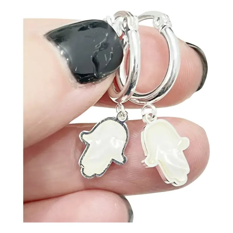 Aros Acero Bañados En Plata Hamsa Mano De Fátima Nacarados Plateado