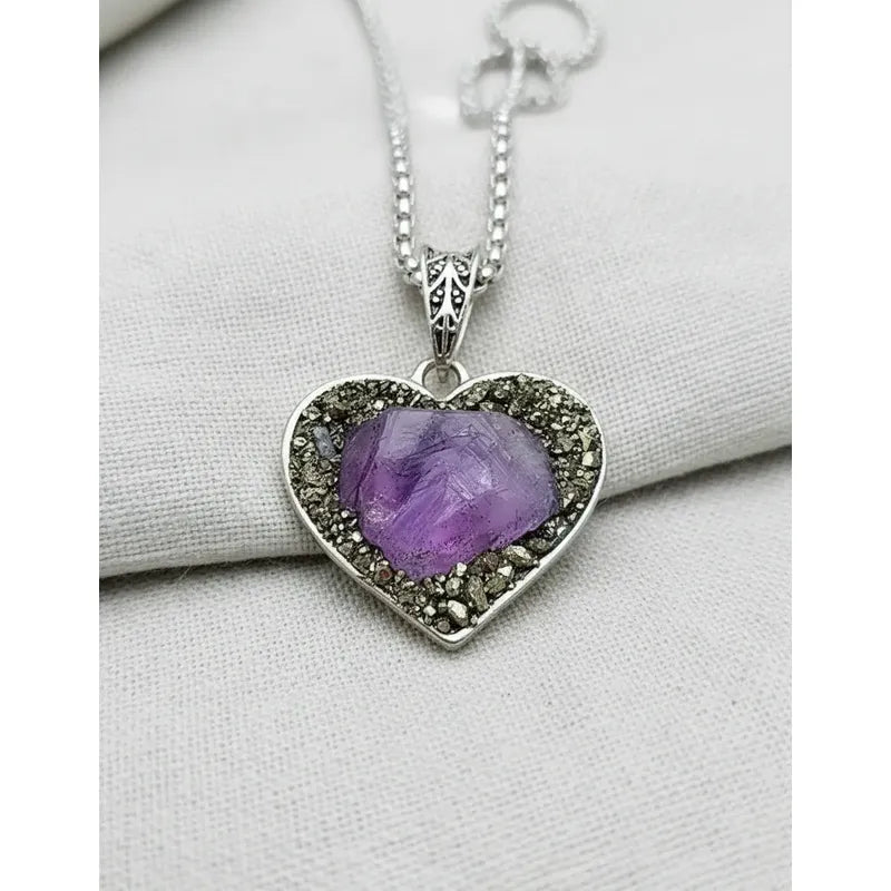 Collar Armonía Y Abundancia Corazón Amatista Pirita + Cadena Corazón Pirita Amatista