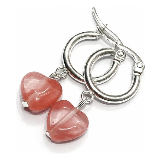 Aros Corazón Cuarzo Cherry Acero Baño De Plata Expresar Amor - Cuarzo Cherry
